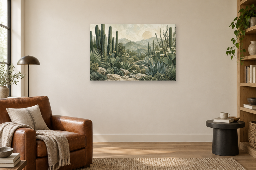 Cactus Garden — horizontal canvas in a reading corner, full original artwork