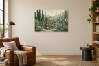 Cactus Garden — horizontal canvas in a reading corner, full original artwork