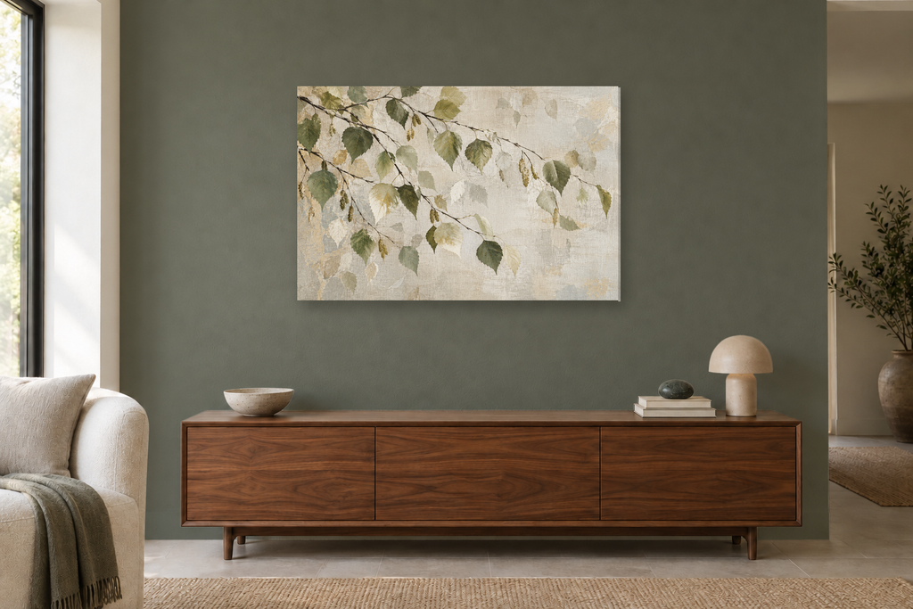 Birch Leaf Dance — horizontal canvas in a living room, full original artwork
