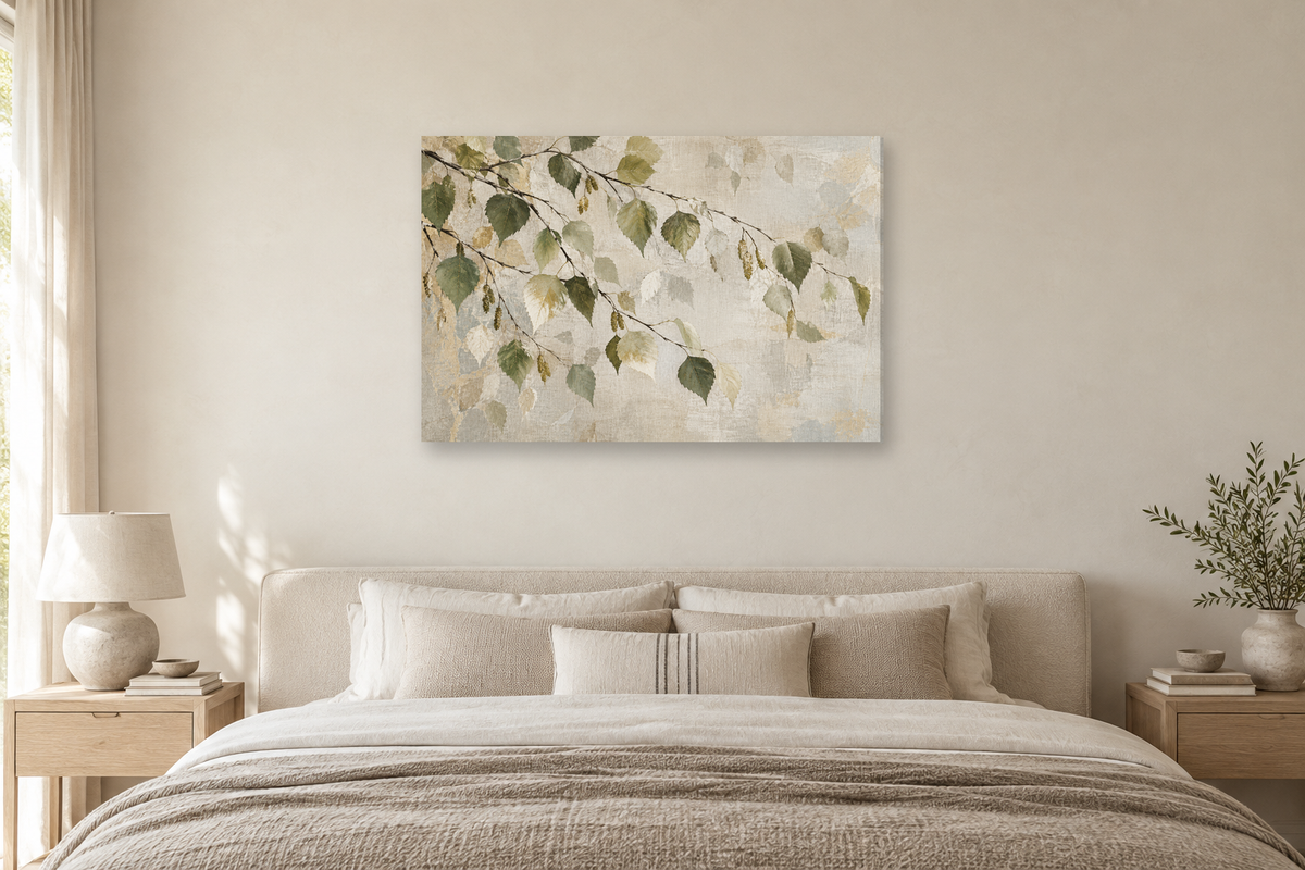 Birch Leaf Dance — horizontal canvas in a bedroom, full original artwork