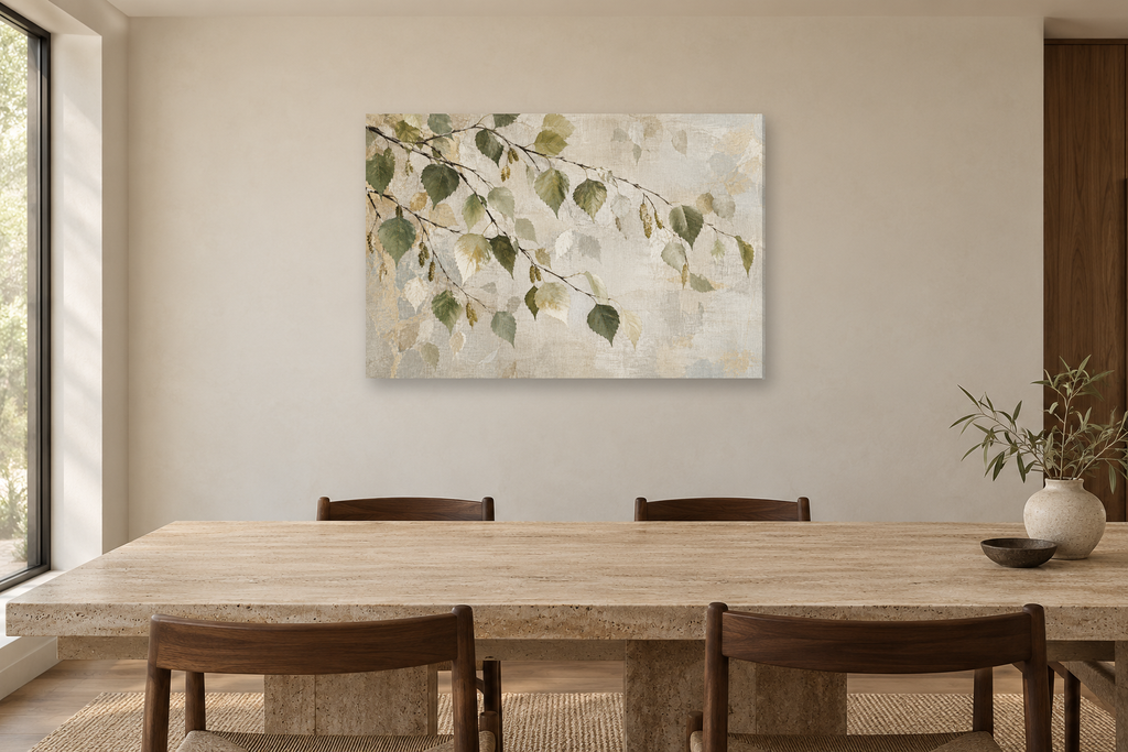 Birch Leaf Dance — horizontal canvas in a dining room, full original artwork