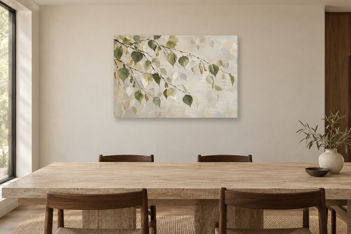 Birch Leaf Dance — horizontal canvas in a dining room, full original artwork