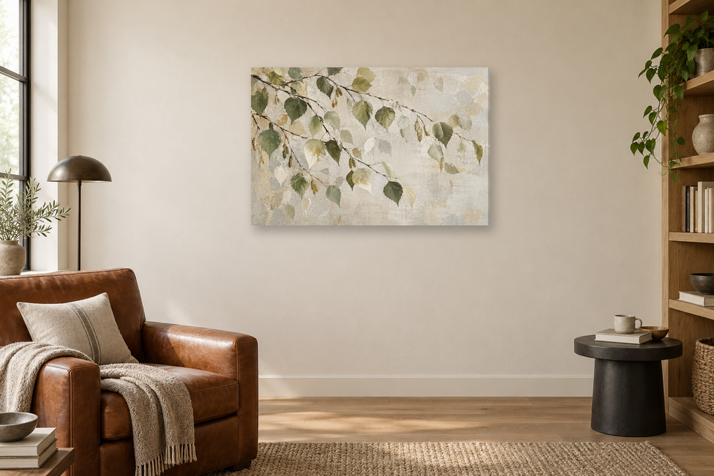 Birch Leaf Dance — horizontal canvas in a reading corner, full original artwork