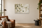 Birch Leaf Dance — horizontal canvas in a reading corner, full original artwork