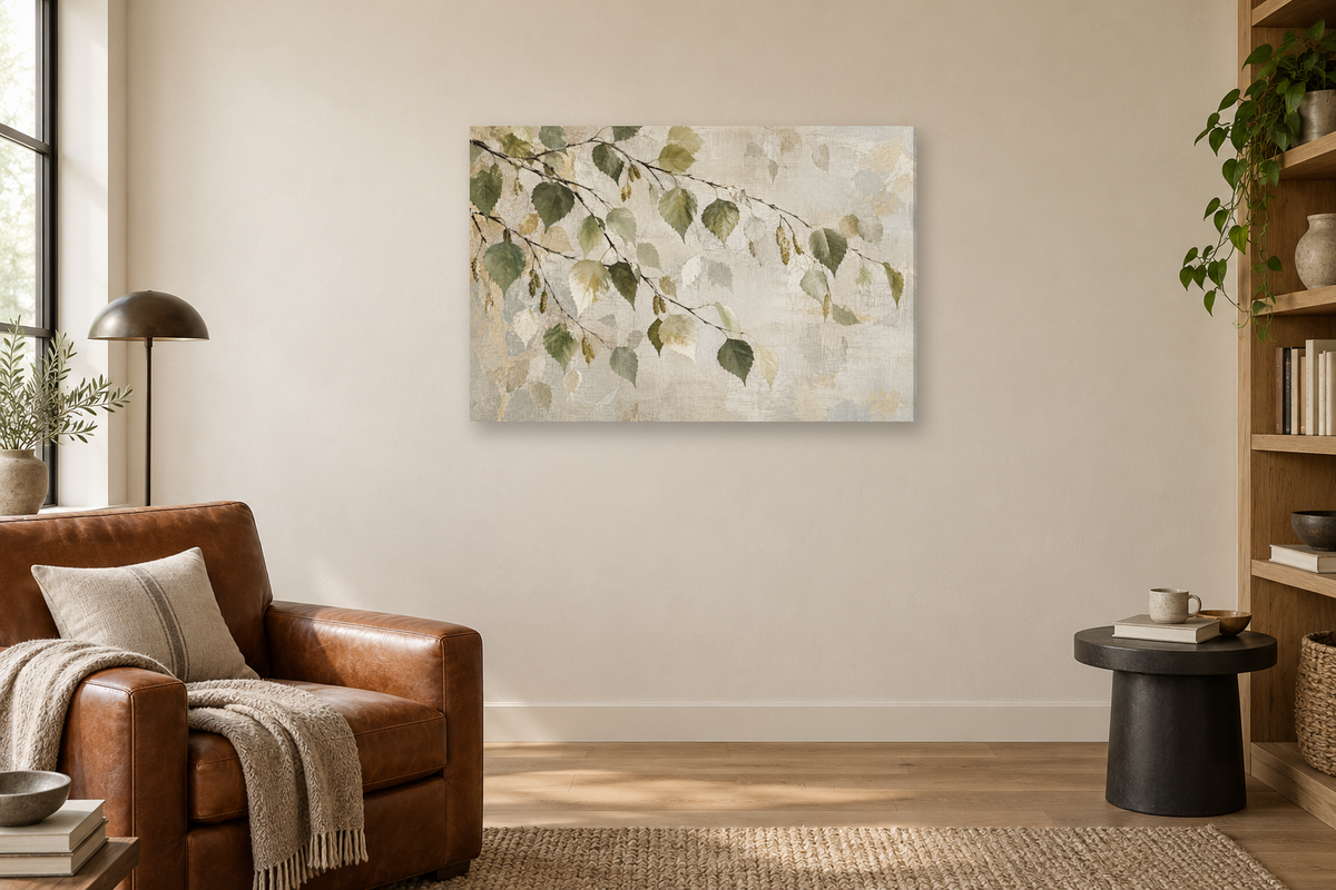Birch Leaf Dance — horizontal canvas in a reading corner, full original artwork