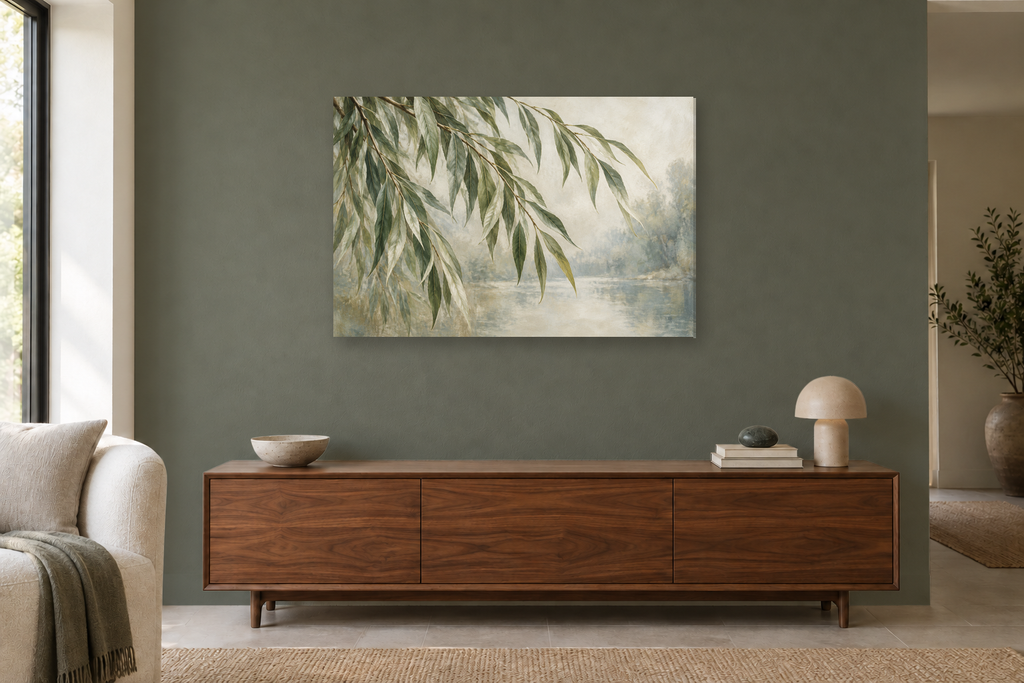 Willow Branches — horizontal canvas in a living room, full original artwork