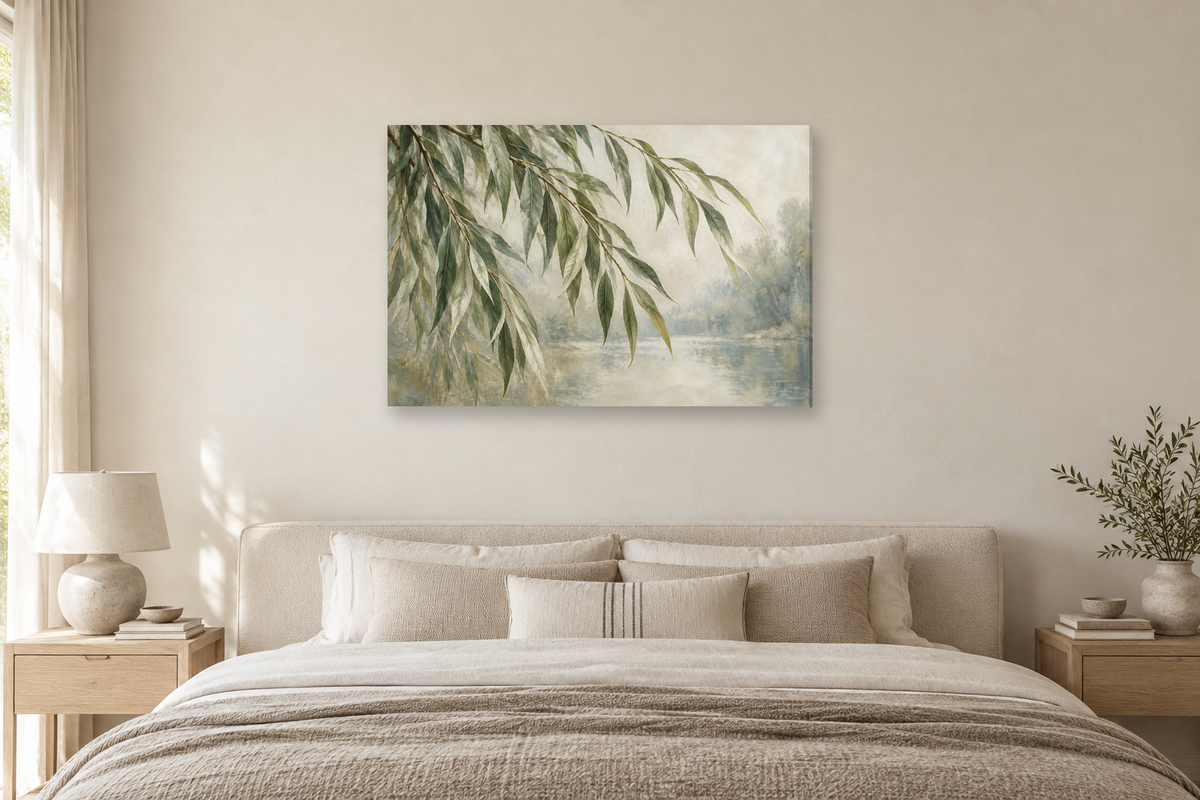 Willow Branches — horizontal canvas in a bedroom, full original artwork