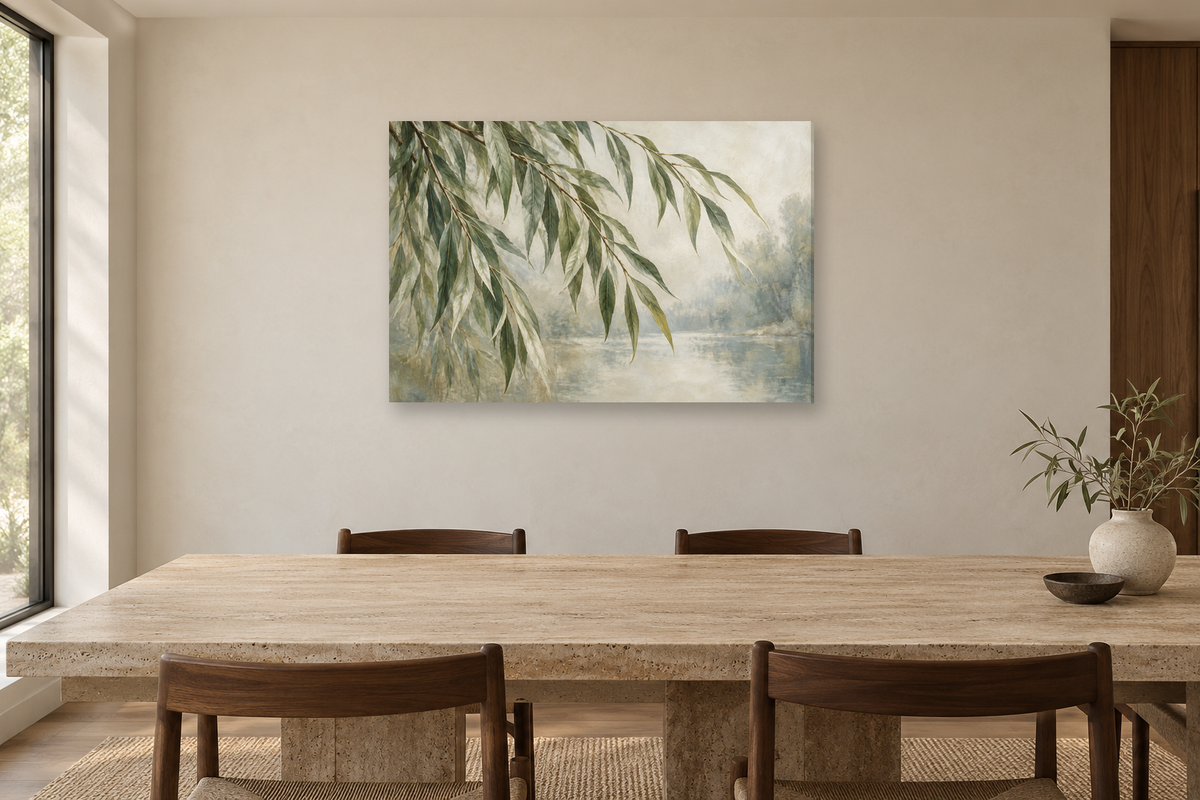 Willow Branches — horizontal canvas in a dining room, full original artwork