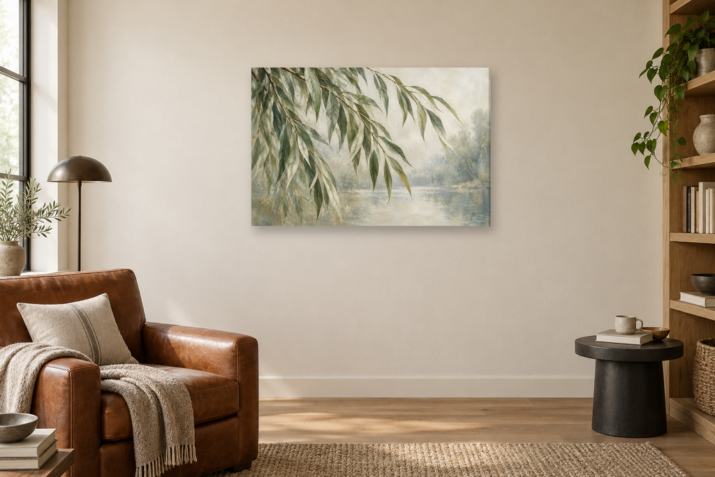 Willow Branches — horizontal canvas in a reading corner, full original artwork