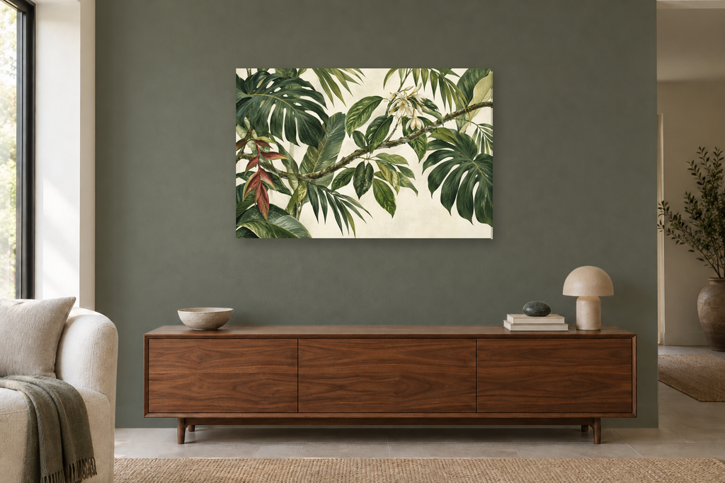 Tropical Understory — horizontal canvas in a living room, full original artwork