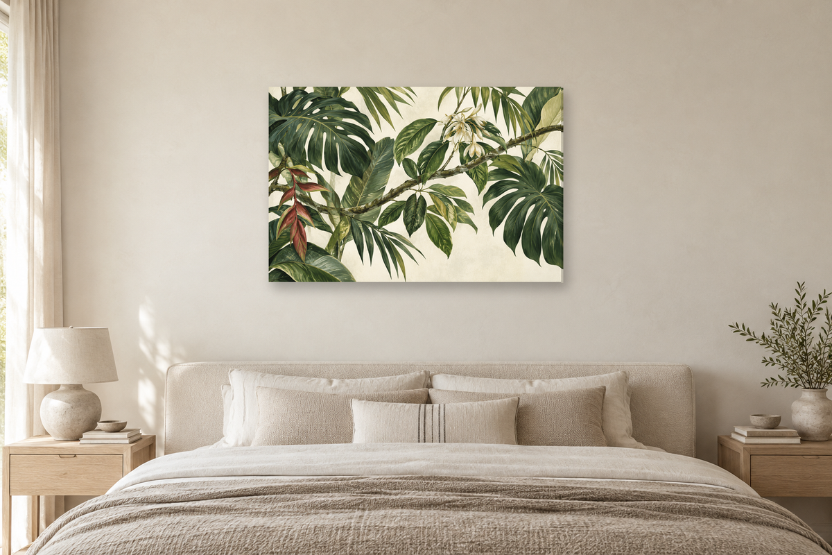 Tropical Understory — horizontal canvas in a bedroom, full original artwork