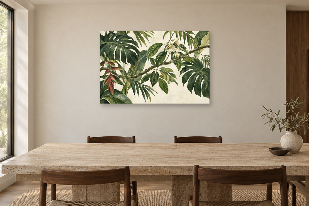 Tropical Understory — horizontal canvas in a dining room, full original artwork