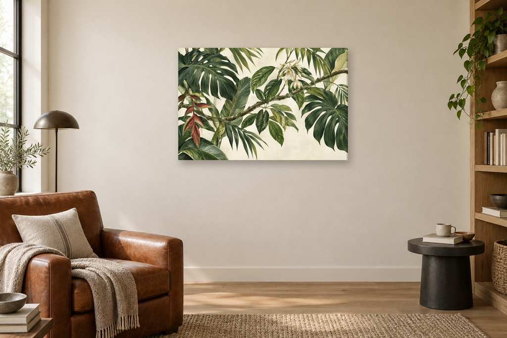Tropical Understory — horizontal canvas in a reading corner, full original artwork