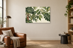 Tropical Understory — horizontal canvas in a reading corner, full original artwork