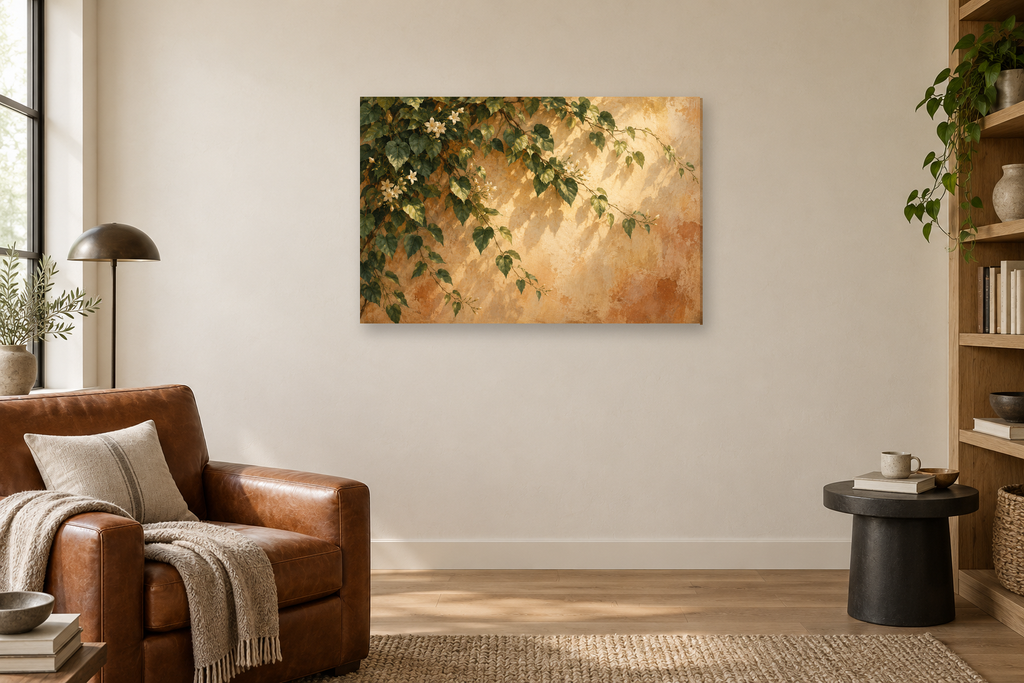 Vine And Light — horizontal canvas in a reading corner, full original artwork