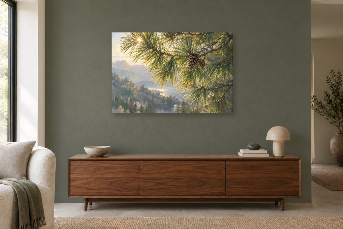Pine Needle Study — horizontal canvas in a living room, full original artwork