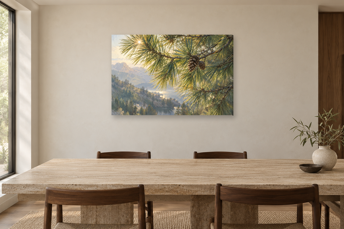 Pine Needle Study — horizontal canvas in a dining room, full original artwork
