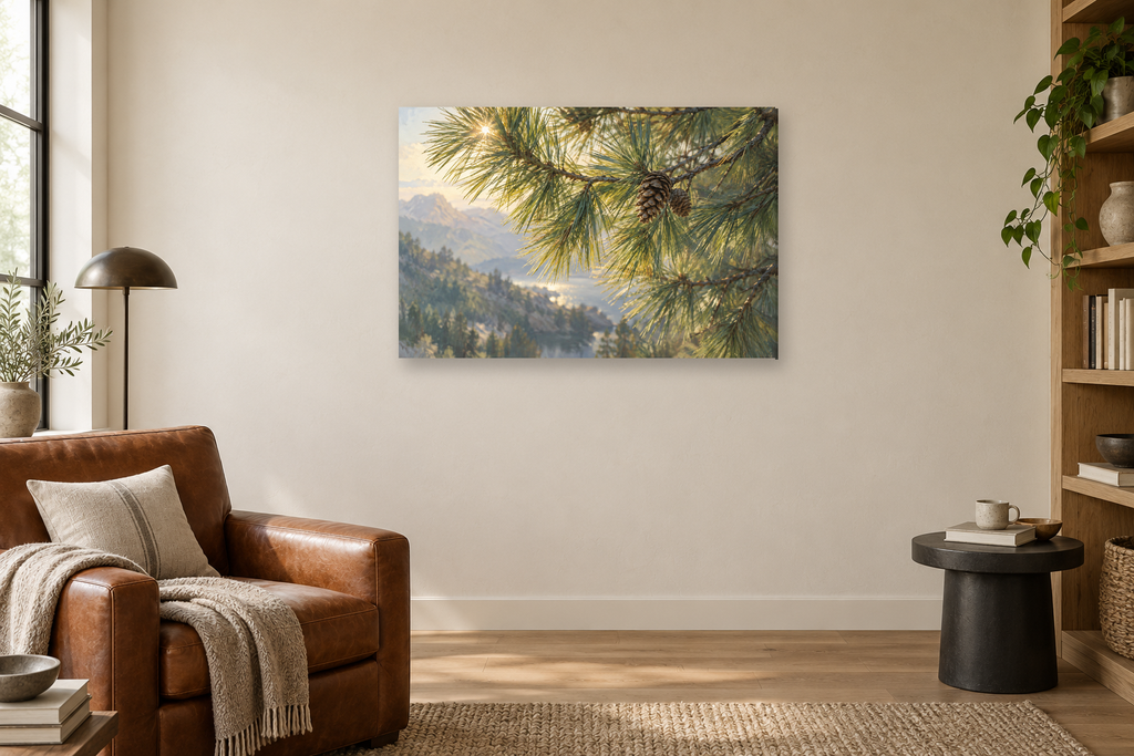 Pine Needle Study — horizontal canvas in a reading corner, full original artwork