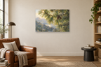 Pine Needle Study — horizontal canvas in a reading corner, full original artwork