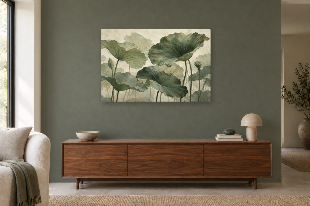 Lotus Leaves — horizontal canvas in a living room, full original artwork