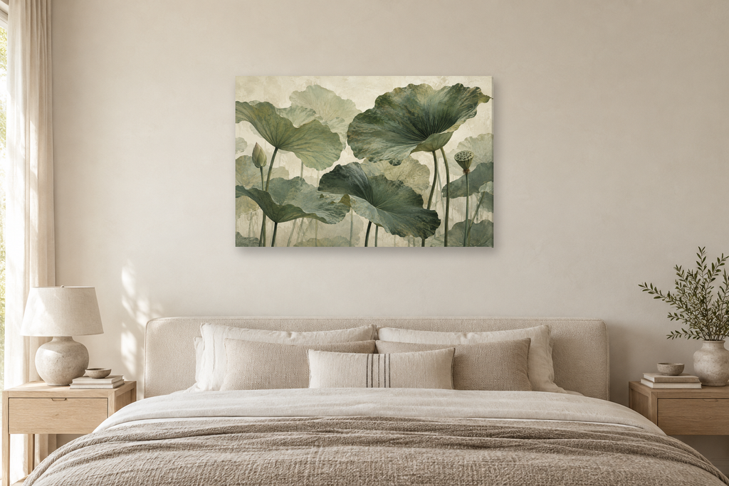 Lotus Leaves — horizontal canvas in a bedroom, full original artwork
