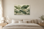 Lotus Leaves — horizontal canvas in a bedroom, full original artwork