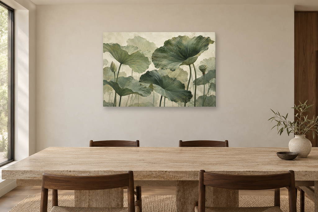 Lotus Leaves — horizontal canvas in a dining room, full original artwork