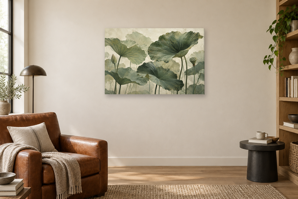 Lotus Leaves — horizontal canvas in a reading corner, full original artwork