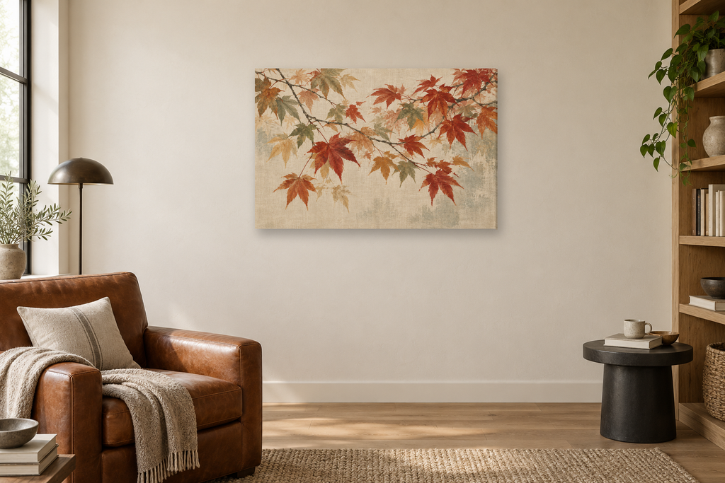 Maple Canopy — horizontal canvas in a reading corner, full original artwork