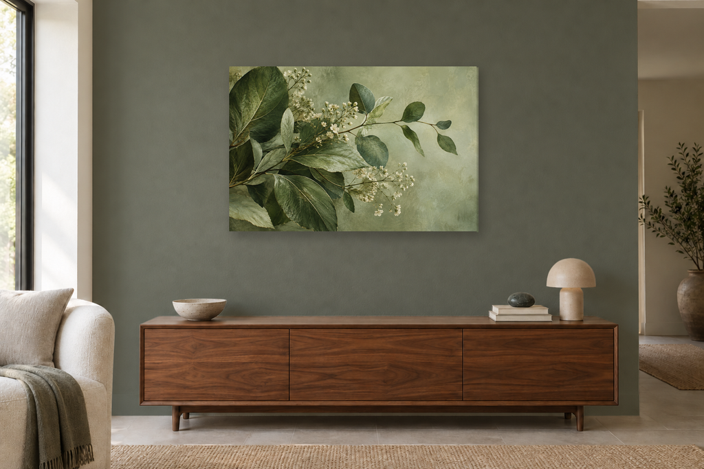 Herbarium Green — horizontal canvas in a living room, full original artwork