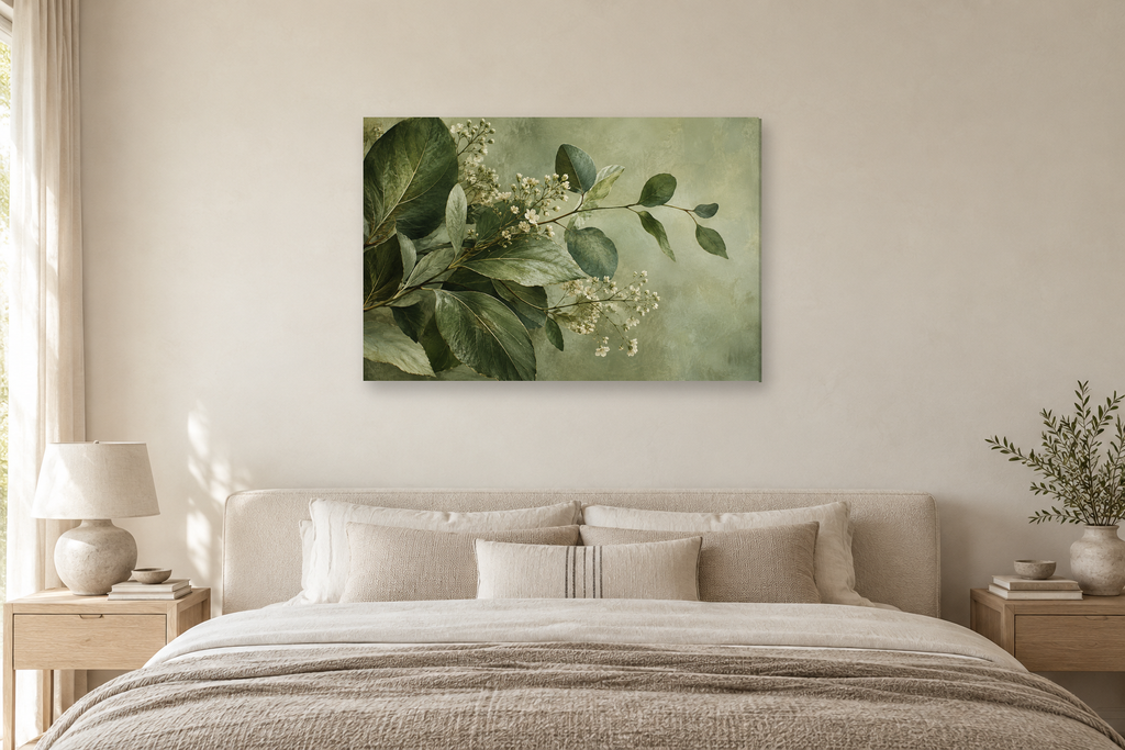 Herbarium Green — horizontal canvas in a bedroom, full original artwork