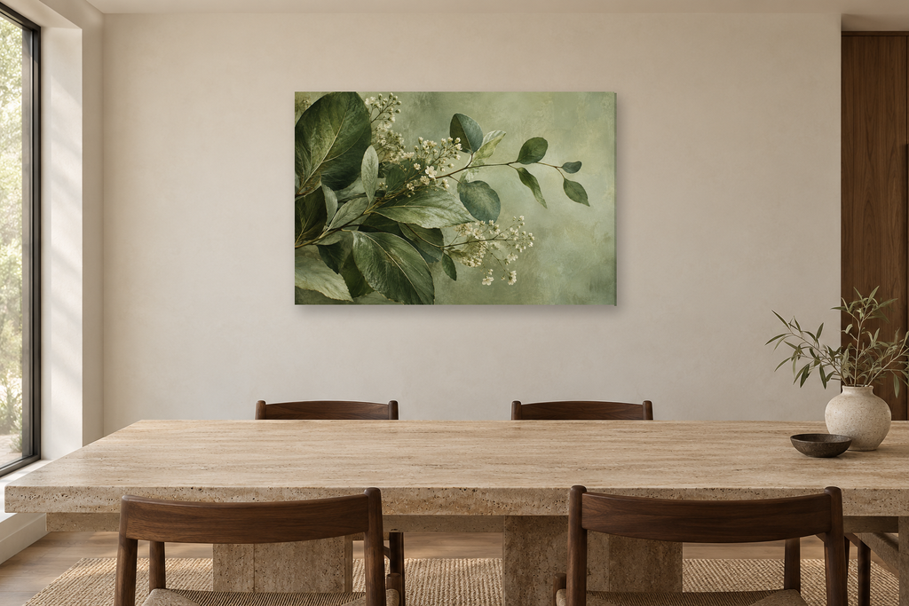 Herbarium Green — horizontal canvas in a dining room, full original artwork