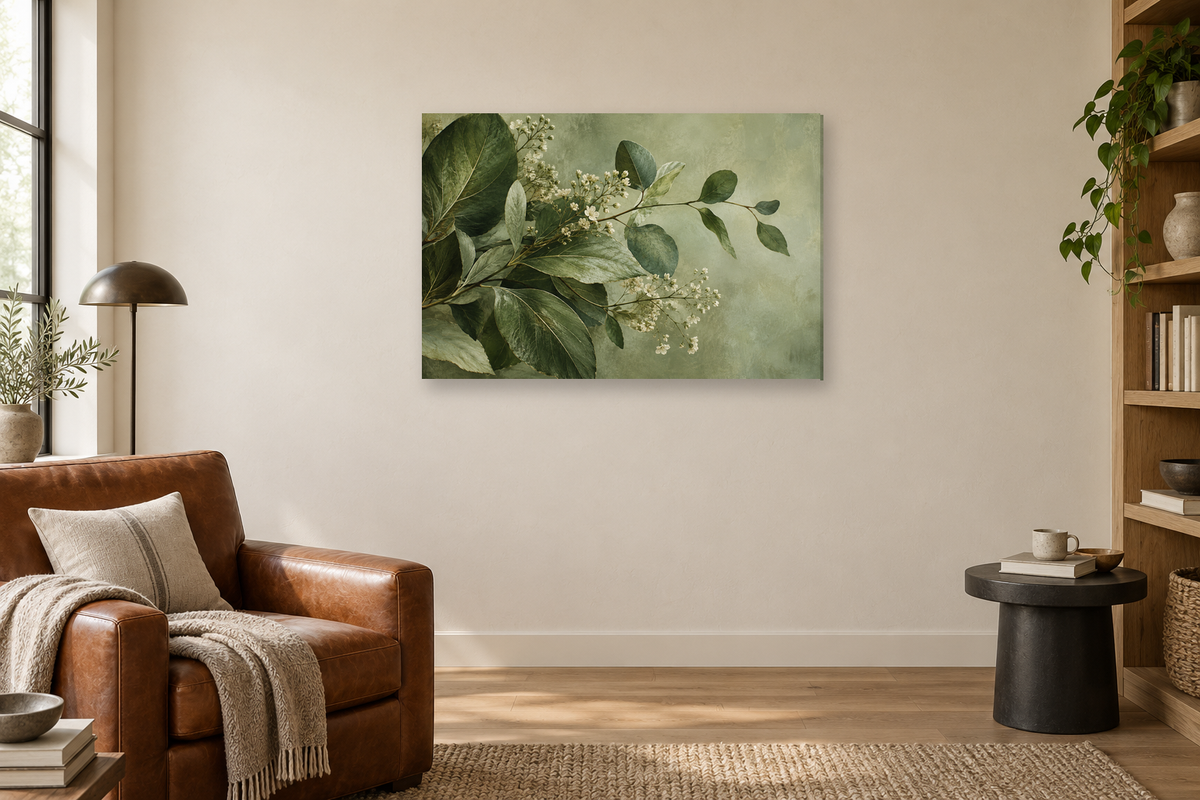 Herbarium Green — horizontal canvas in a reading corner, full original artwork