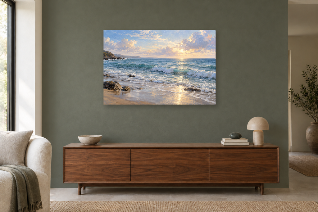 Atlantic Quiet — horizontal canvas in a living room, full original artwork