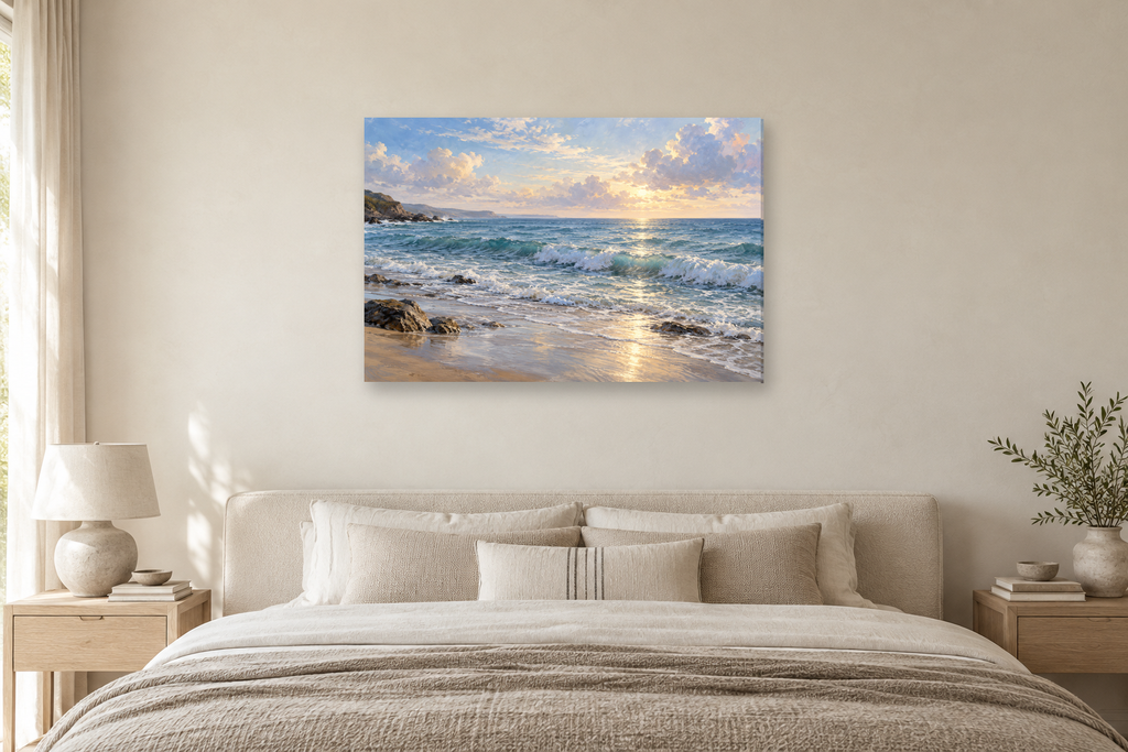 Atlantic Quiet — horizontal canvas in a bedroom, full original artwork