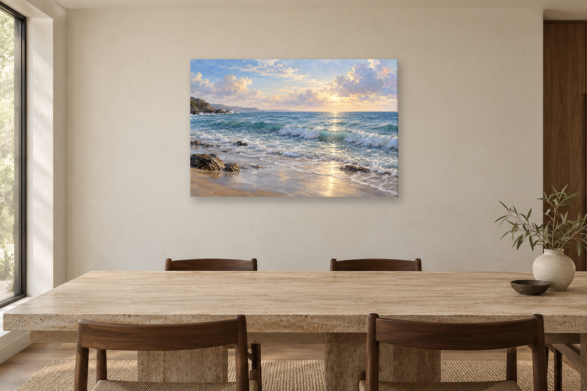 Atlantic Quiet — horizontal canvas in a dining room, full original artwork