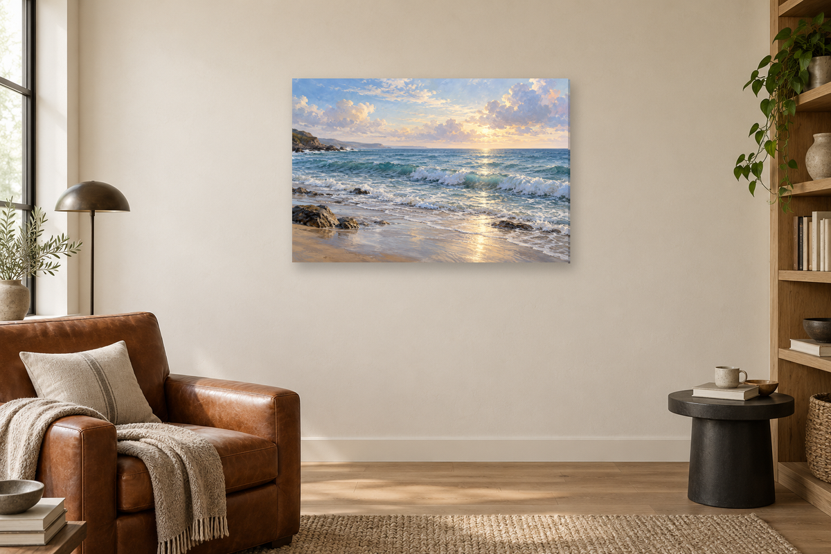 Atlantic Quiet — horizontal canvas in a reading corner, full original artwork
