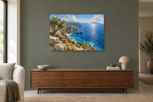 Aegean Blue — horizontal canvas in a living room, full original artwork