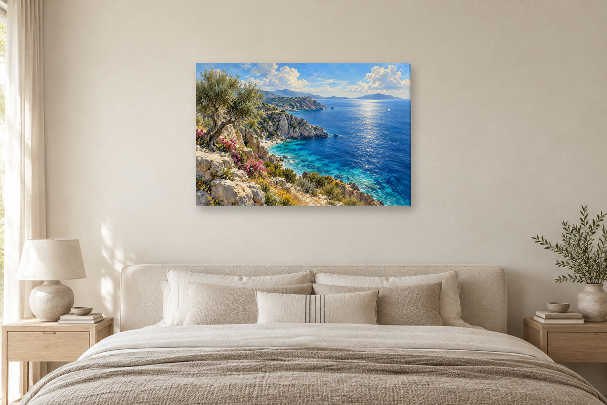 Aegean Blue — horizontal canvas in a bedroom, full original artwork