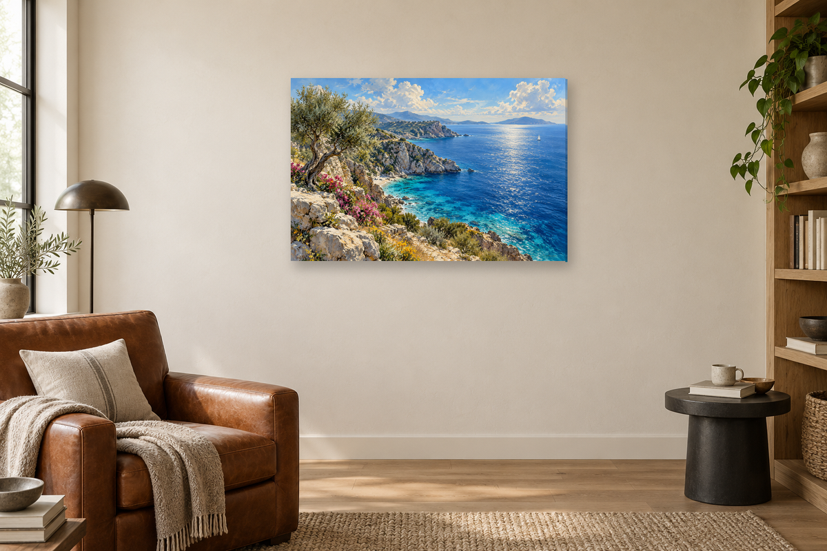 Aegean Blue — horizontal canvas in a reading corner, full original artwork