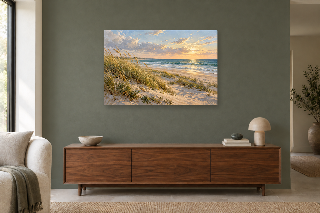 Dune Grass Breeze — horizontal canvas in a living room, full original artwork
