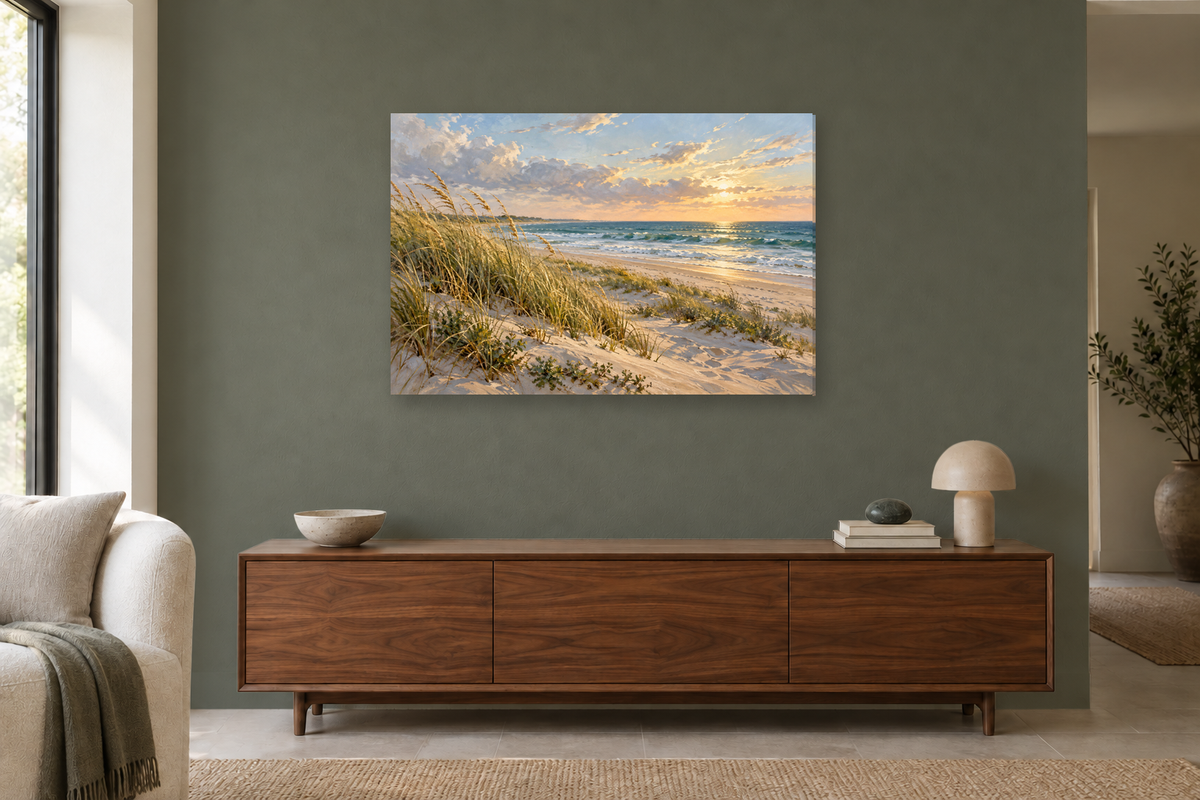 Dune Grass Breeze — horizontal canvas in a living room, full original artwork