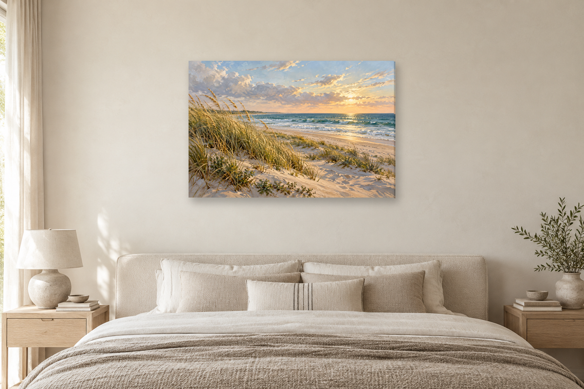 Dune Grass Breeze — horizontal canvas in a bedroom, full original artwork