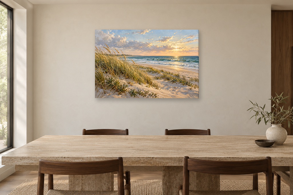 Dune Grass Breeze — horizontal canvas in a dining room, full original artwork