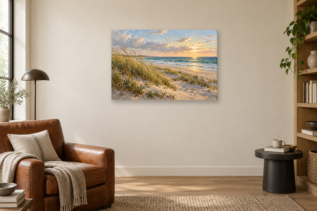 Dune Grass Breeze — horizontal canvas in a reading corner, full original artwork