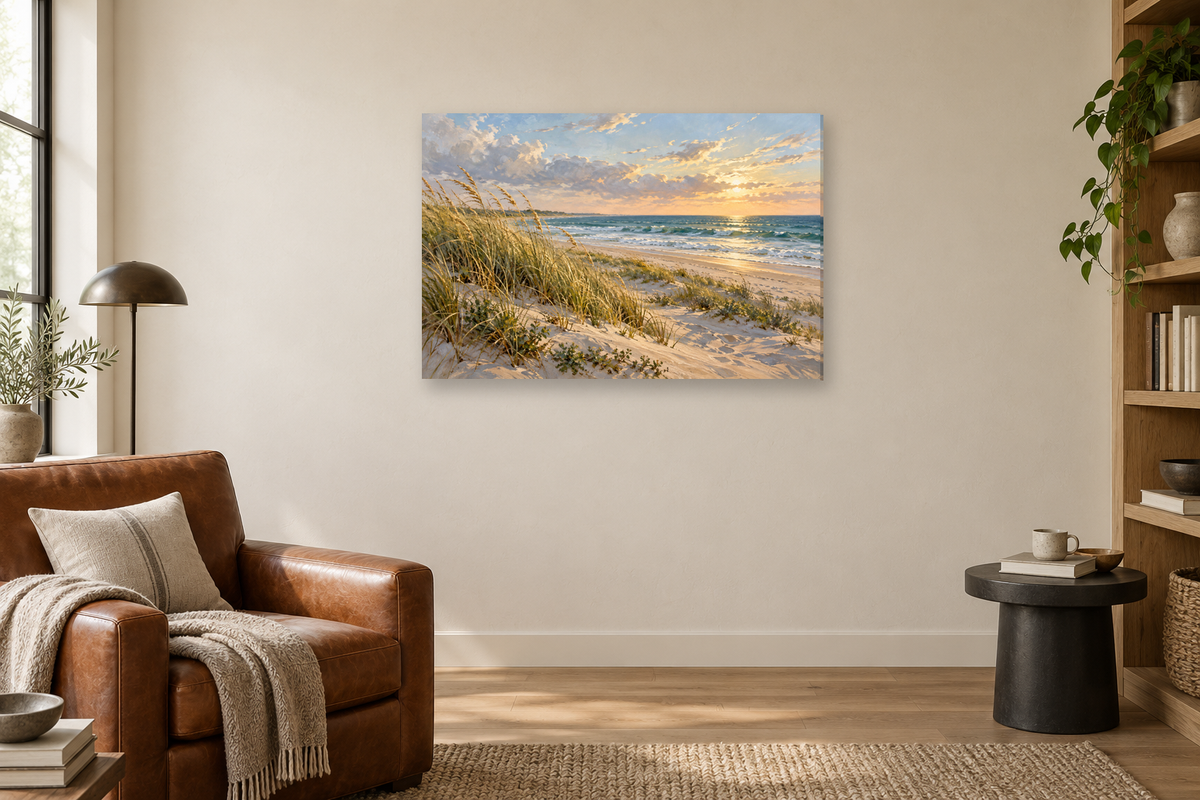 Dune Grass Breeze — horizontal canvas in a reading corner, full original artwork
