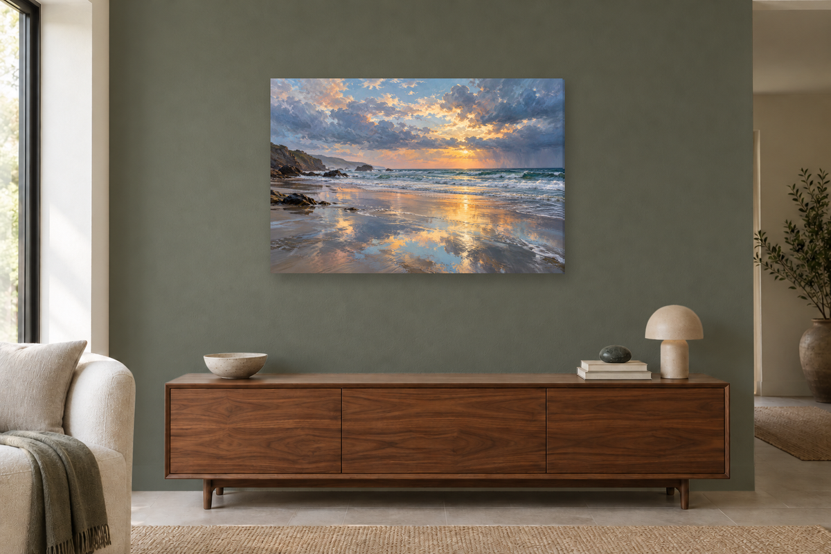 Ocean After Rain — horizontal canvas in a living room, full original artwork