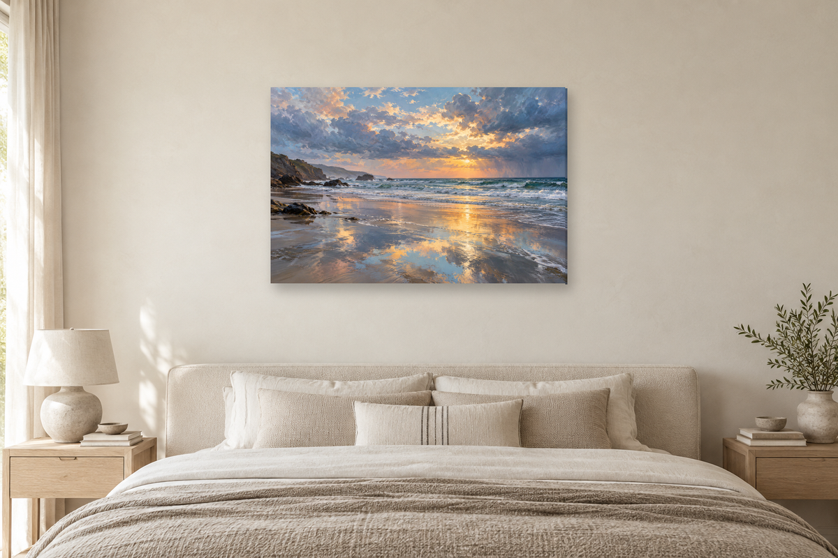 Ocean After Rain — horizontal canvas in a bedroom, full original artwork