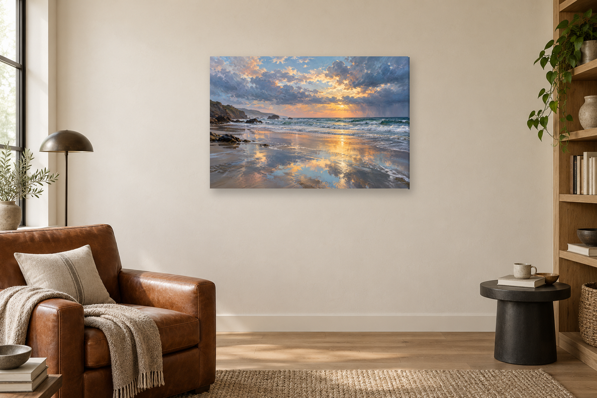 Ocean After Rain — horizontal canvas in a reading corner, full original artwork