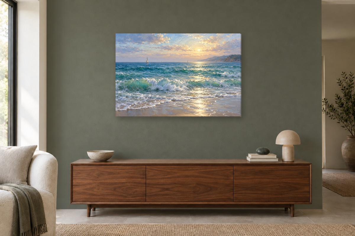 Seafoam Rhythm — horizontal canvas in a living room, full original artwork